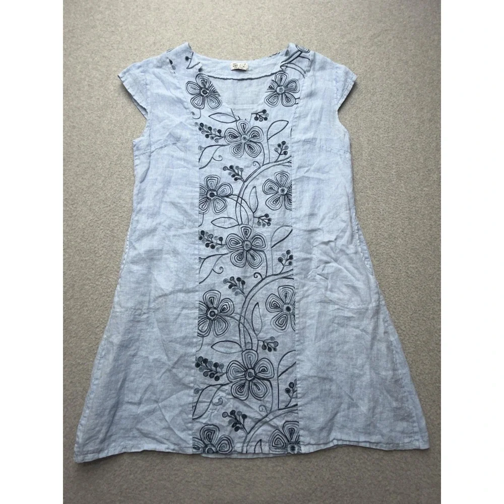 100% Lino Dress Womens Large Blue Embroidered Linen Boho Shift Pockets Italy - Picture 5 of 14